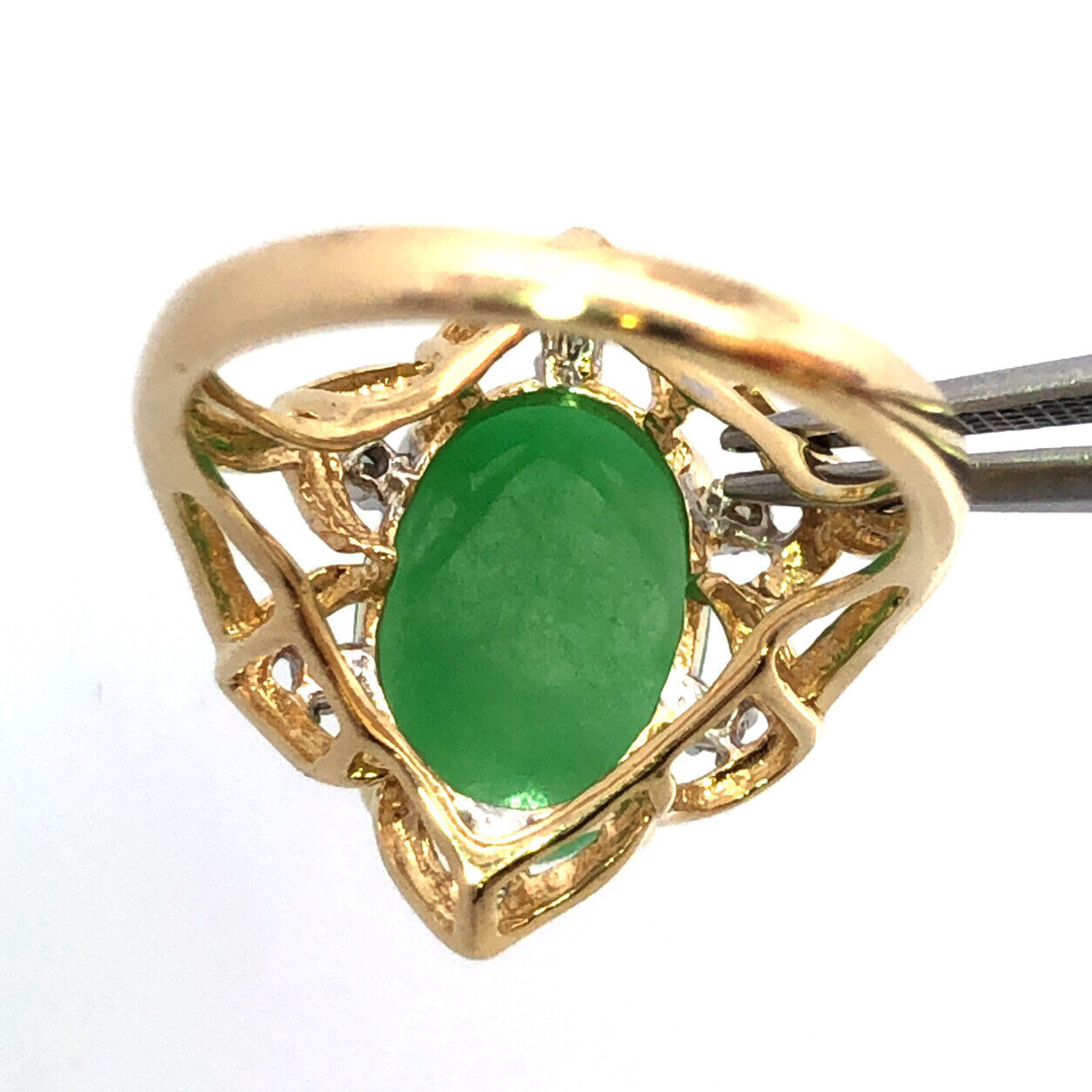 Designer 14K Yellow Gold Oval Jade Cabochon Diamond Accent Cocktail Ring