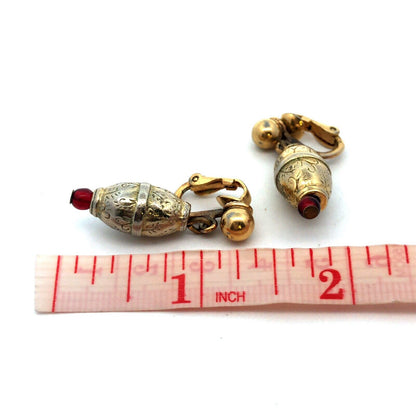 Mid Century Napier Gold Tone Red Bead Floral Scroll Drop Dangle Clip Earrings