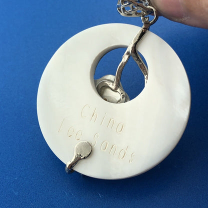 Lee Sands 925 Sterling Silver CZ Abalone Inlaid MOP Flower Pendant Necklace