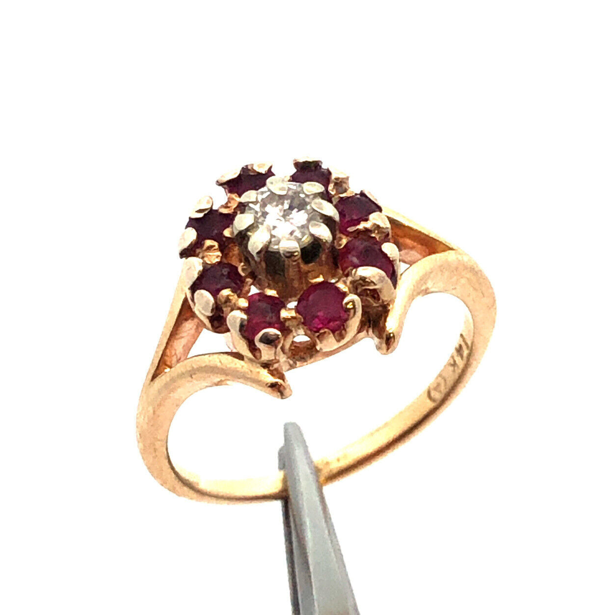 Designer 14K Yellow Gold Diamond Ruby Floral Flower Cocktail Ring