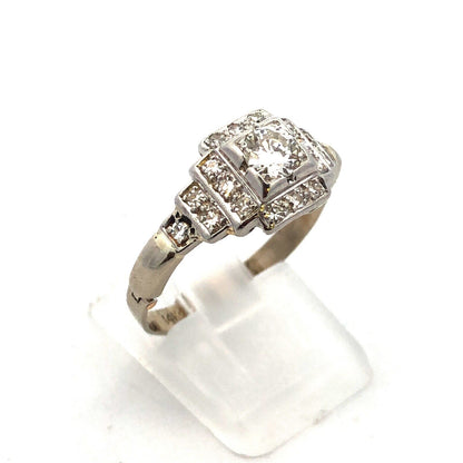 Vintage Art Deco 14K White Gold Miners Cut Diamond w/Accents Engagement Ring