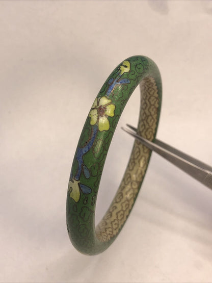 Vintage Cloisonne Green Enamel Floral Bangle Stackable Bracelet Set