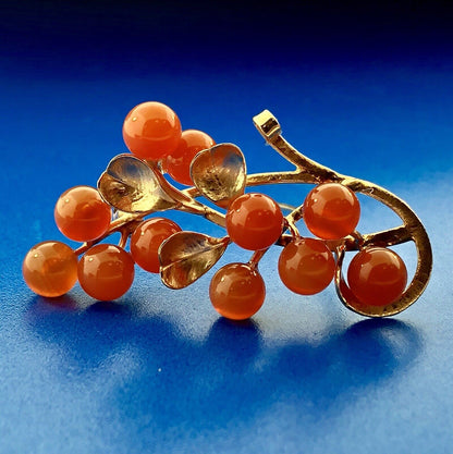 Estate 14K Yellow Gold Carnelian Bead Berry Vine Statement Brooch Pin Pendant