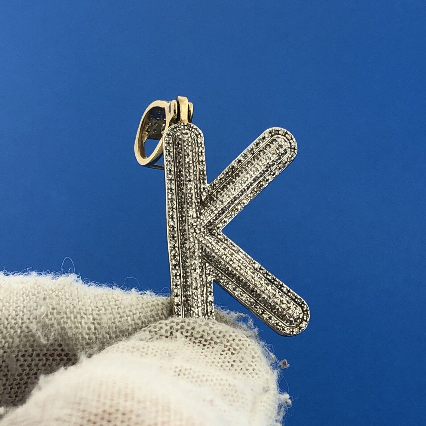 Estate 10K Yellow White Gold Diamond Encrusted Initial K Statement Pendant