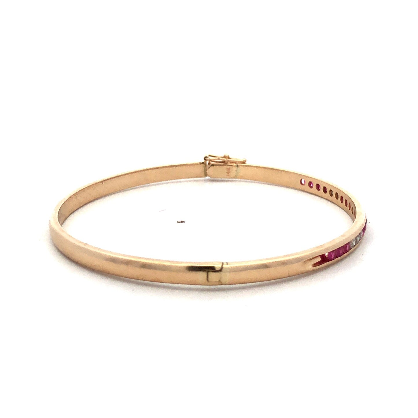 Designer 14K Yellow Gold Channel Set Round Ruby Diamond Hinged Bangle Bracelet