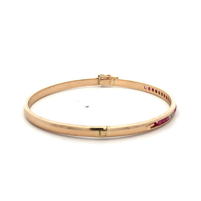 Designer 14K Yellow Gold Channel Set Round Ruby Diamond Hinged Bangle Bracelet