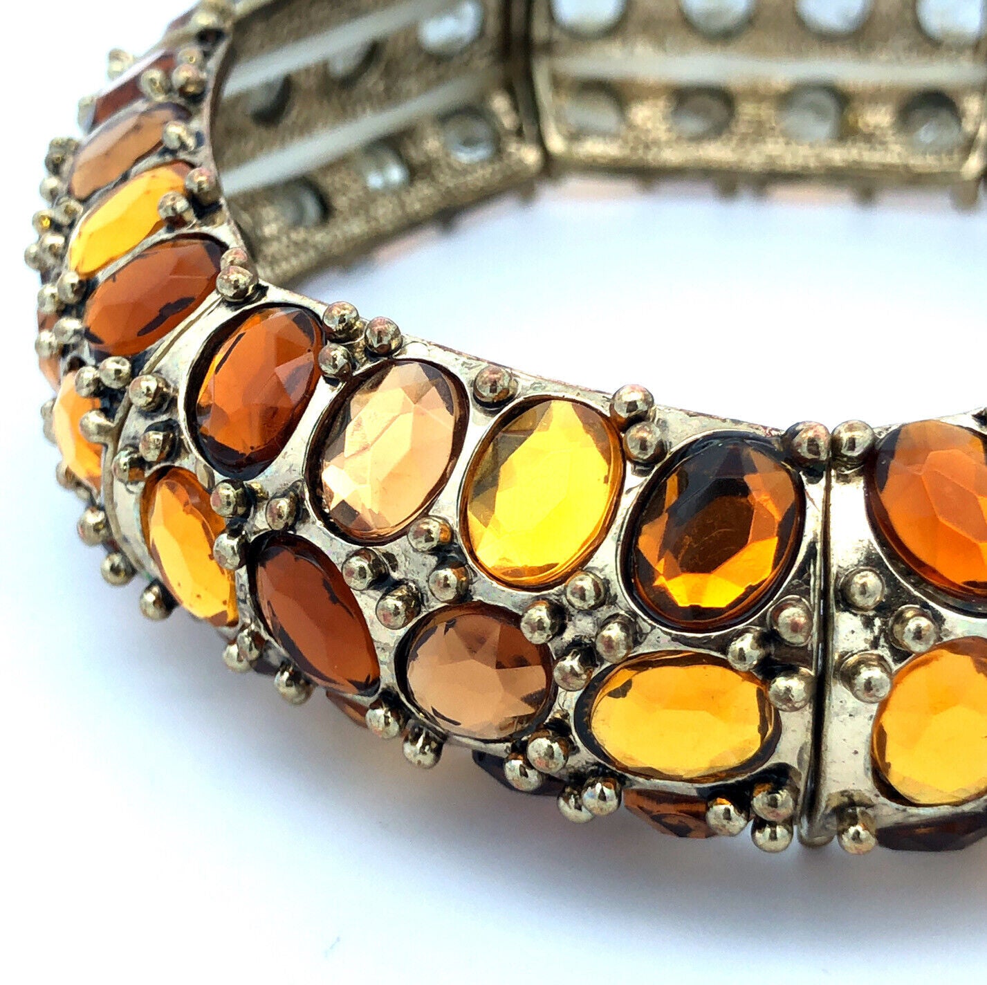 Fabulous Gold Tone Yellow Gold Amber Rhinestone Stretch Statement Cuff Bracelet