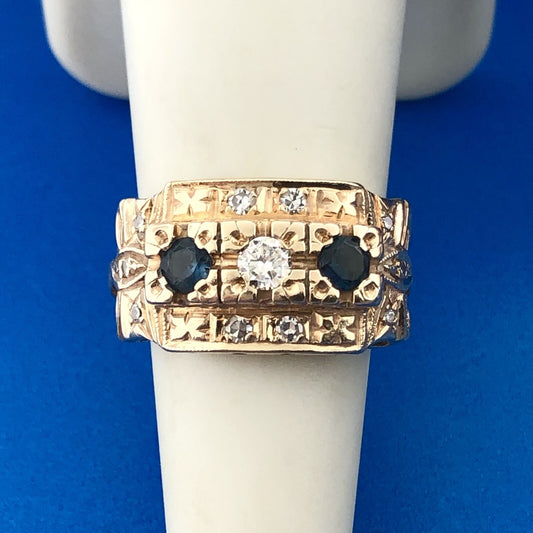 Art Deco Art Nouveaux 14K Yellow Gold Sapphire Diamond Etruscan Dome Ring
