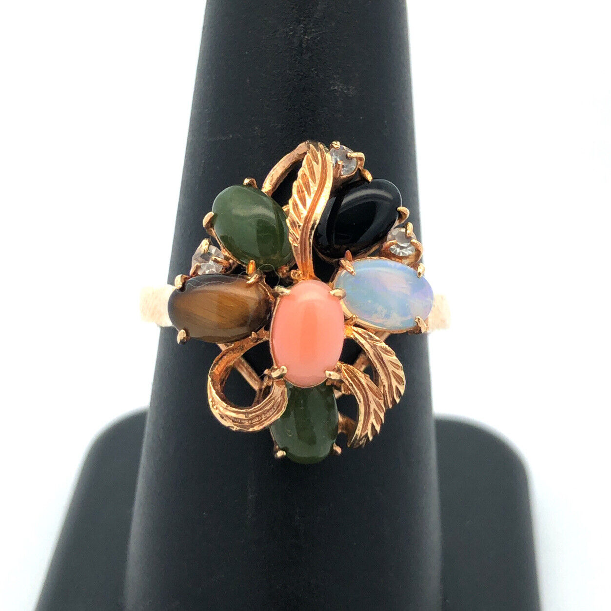 Vintage 18K Yellow HGE Multi Gemstone Floral Cluster Statement Cocktail Ring