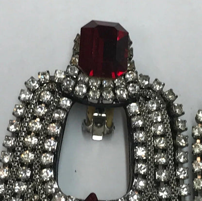 Original M&J Hansen '89 Signed Red Green Crystal Rhinestone Runway Clip Earrings