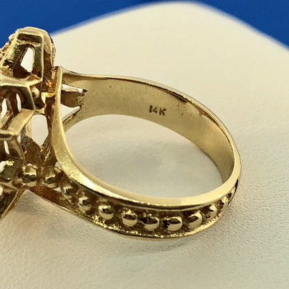 Art Nouveau 14K Yellow Gold Opal Star Flower Cluster October Etruscan Style Ring