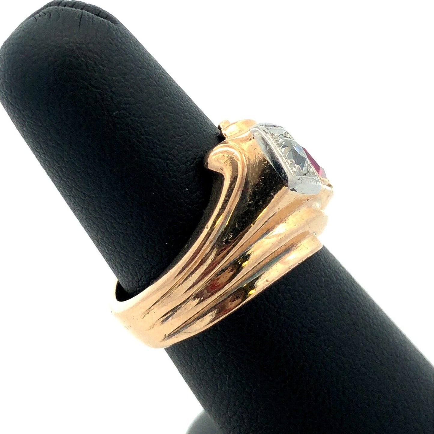 Art Deco 14K Yellow Gold Princess Ruby Round Diamond Statement Cocktail Ring