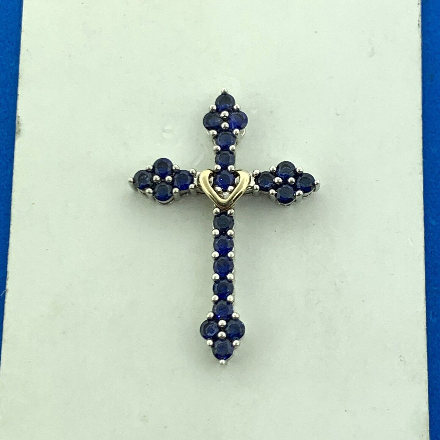 Designer 925 Sterling Silver 10K Yellow Gold Sapphire Cross Pendant