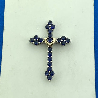 Designer 925 Sterling Silver 10K Yellow Gold Sapphire Cross Pendant