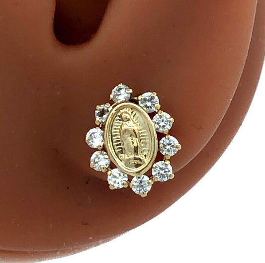 Designer GE 14K Yellow Gold Cubic Zirconia Our Lady Guadeloupe Stud Earrings