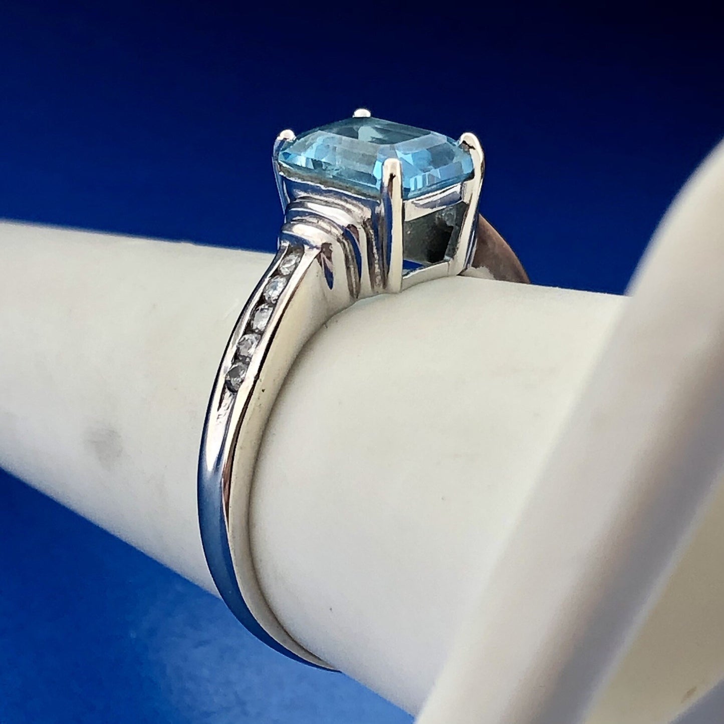 14K White Gold Rectangular Blue Topaz Diamond December Anniversary Cocktail Ring