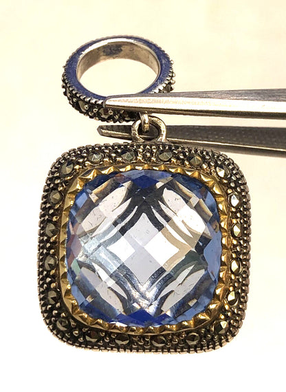 Designer 925 Sterling Silver Cushion Tanzanite Marcasite Two-Tone Square Pendant