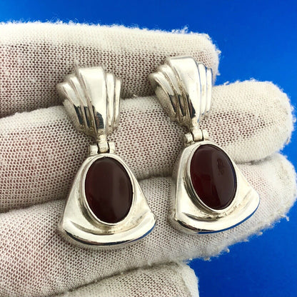 Vintage Taxco TR-126 Sterling 925 Silver Oval Carnelian Cabochon Dangle Earrings
