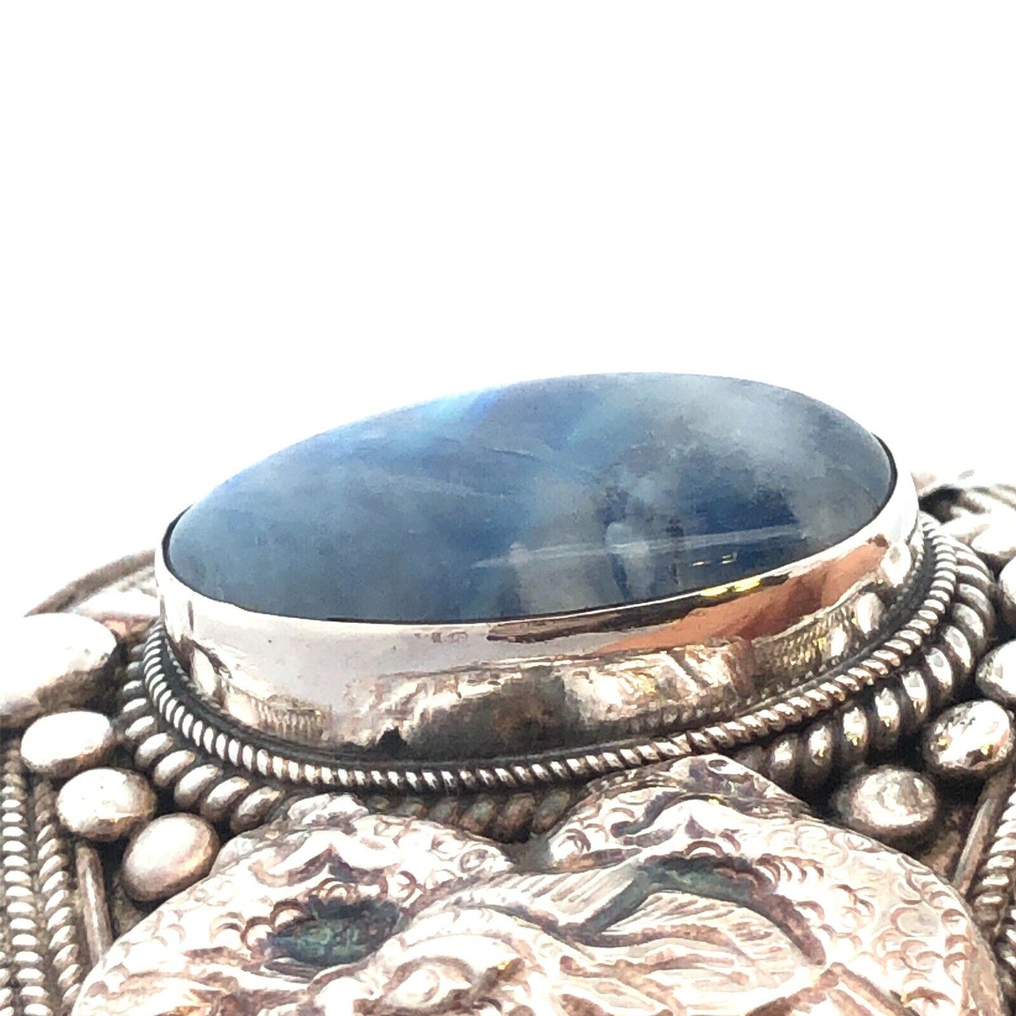 925 Sterling Silver Blue Opal Dragon Filigree Detailed Wide Cuff Bracelet