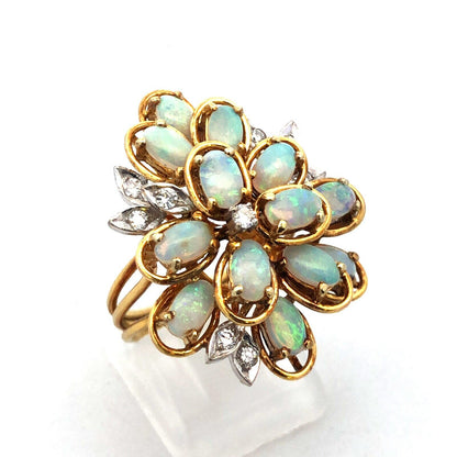 Lovely 14k Yellow Gold Opal Diamond Accent Floral Cluster Freeform Ring