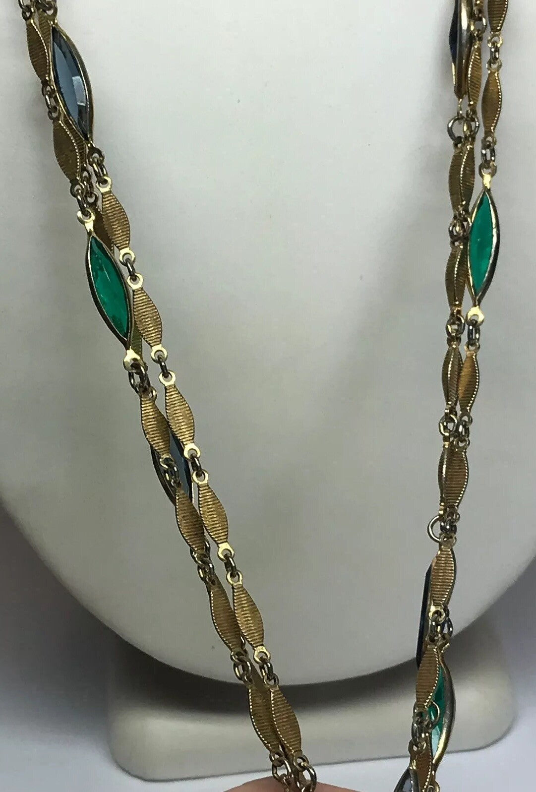 Vintage Gold Tone Blue Green Glass Bead Three Strand Graduated Drop Necklace