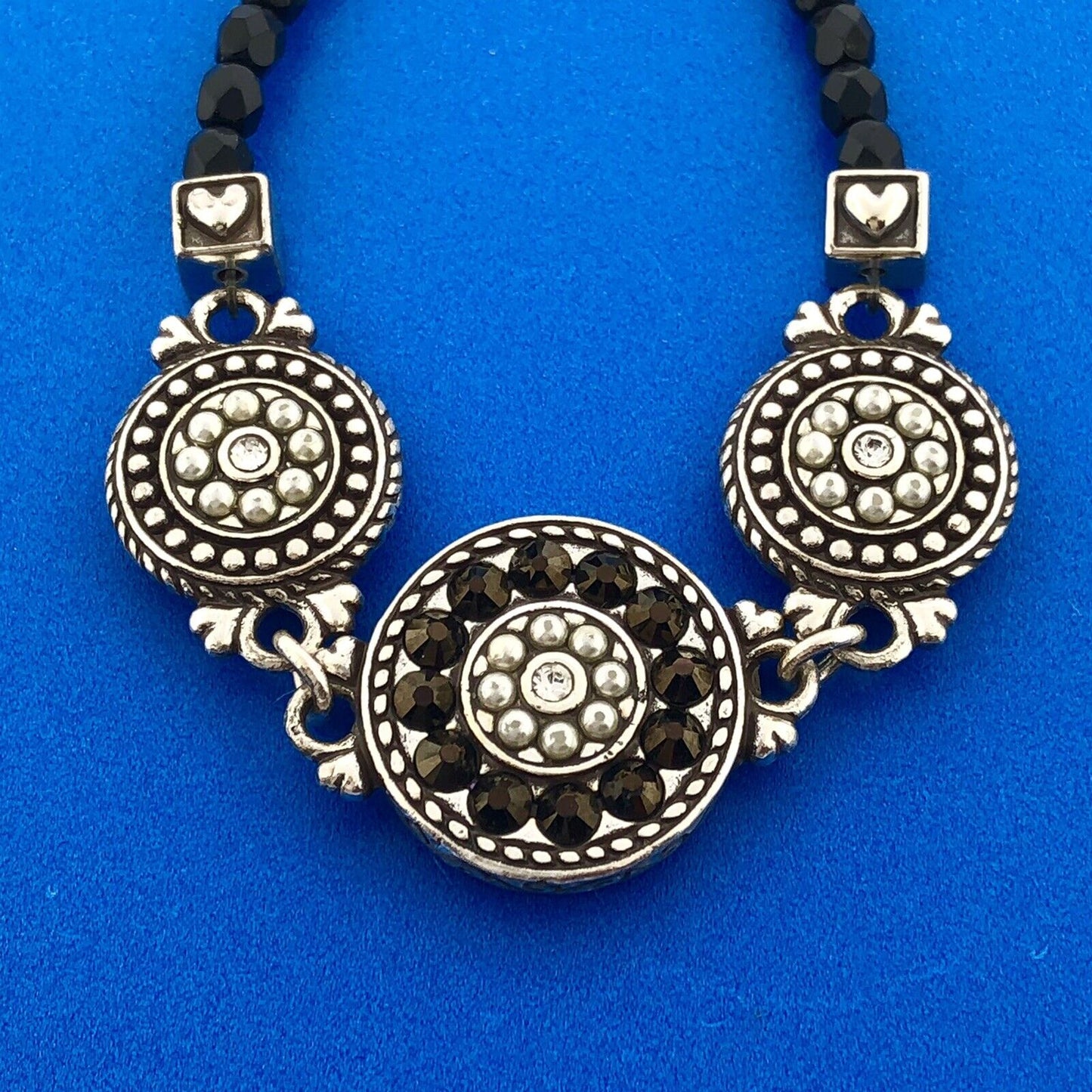 Designer Brighton Silver Toned Black White Rhinestone Floral 8" Bracelet