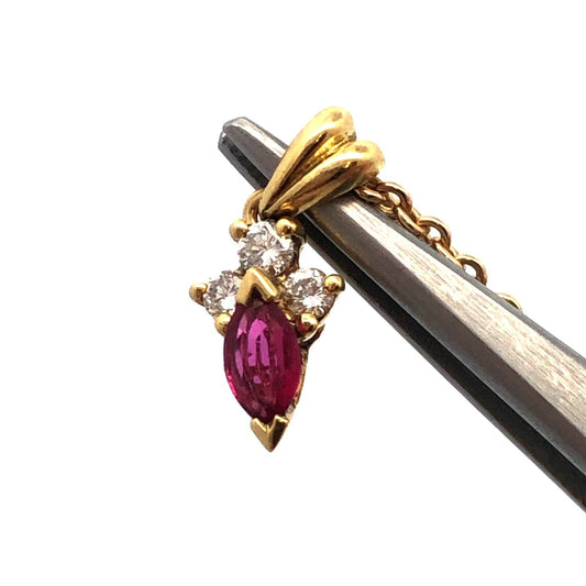 Estate 14K Yellow Gold Marquise Ruby Diamond Accented Pendant Chain Necklace