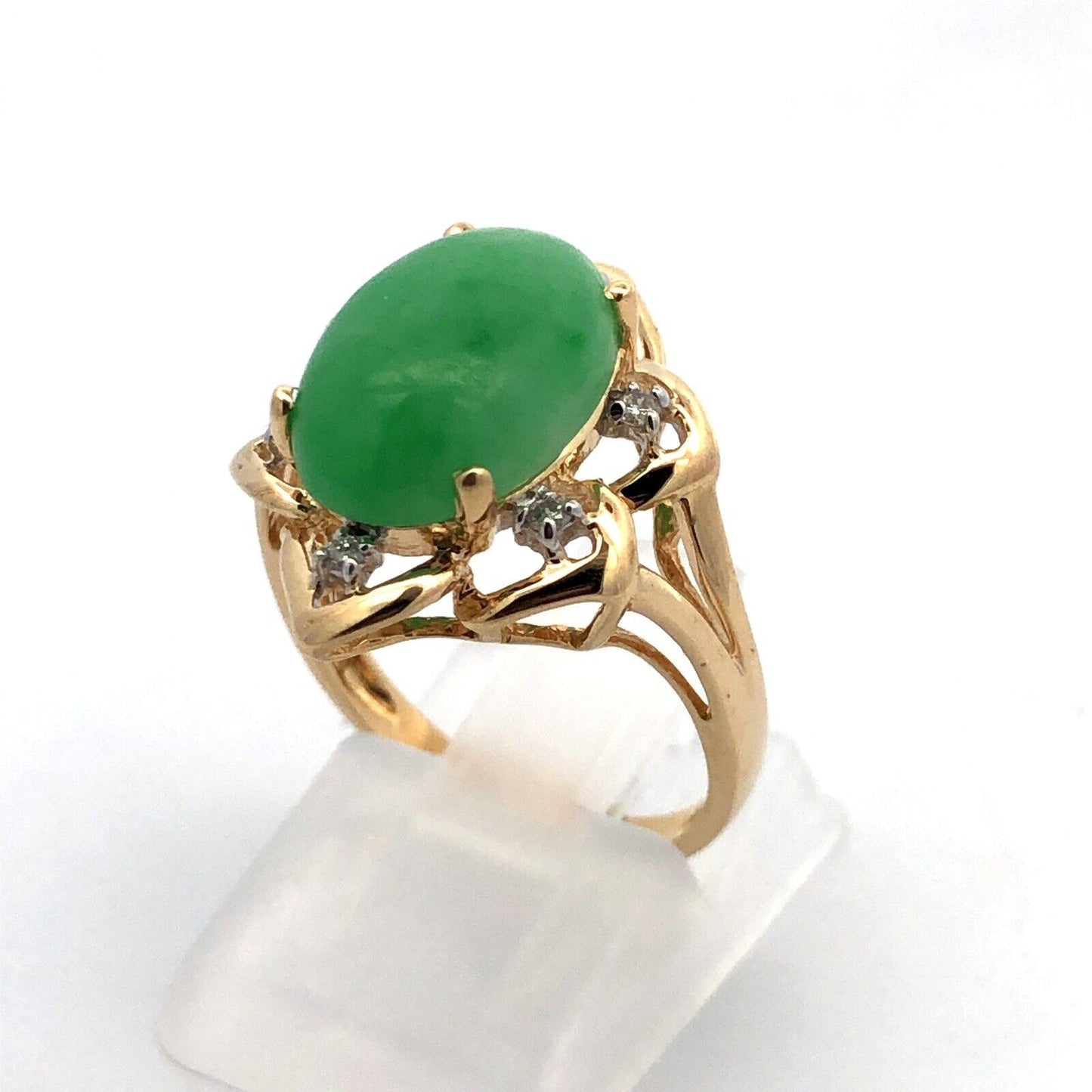 Designer 14K Yellow Gold Oval Jade Cabochon Diamond Accent Cocktail Ring