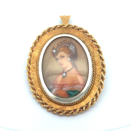 Vintage FJE Italy 18k Yellow Gold Diamond Hand Painted Portrait Brooch Pendant