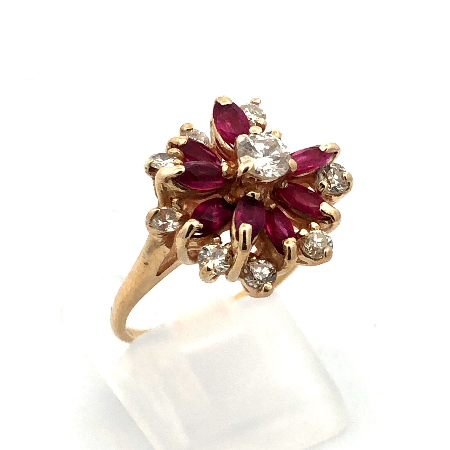 Vintage 14K Yellow Gold Round Diamond Marquise Lab Created Ruby Cocktail Ring