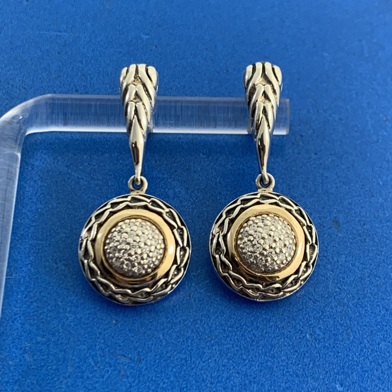 Designer ATR 925 Sterling Silver 14K Gold Pave Diamond Dangle Drop Stud Earrings