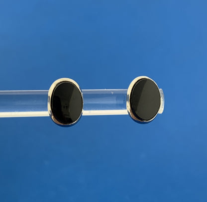 Gorgeous 14k White Gold Cabochon Black Onyx Oval Friction Back Stud Earrings