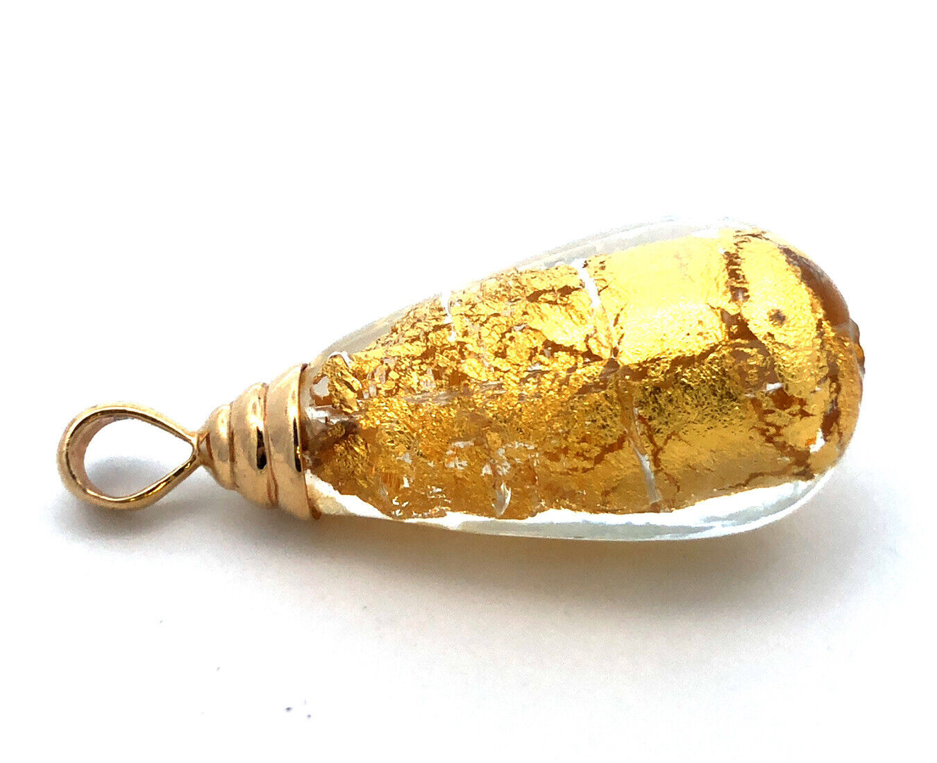 Designer MC 14K Yellow Gold Hand Blown Gold Leaf Glass Teardrop Pendant