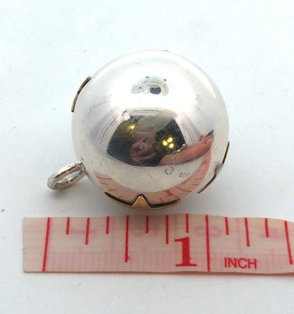 800 Fine Silver Brass Vintage Designer Moon Stars Baby Ball Bell Rattler Pendant