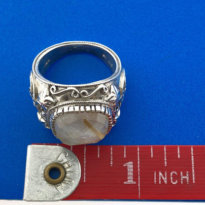 Lovely Sterling Silver 925 Floral Printed Reticulated Quartz Dome Ring Size 7
