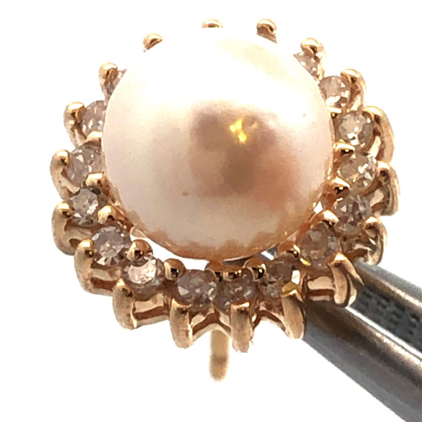 10k Yellow Gold Pearl Diamond Halo Accented Stud Earrings