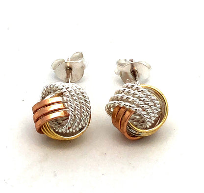 Designer 925 Sterling Silver Vermeil Tri-Tone Textured Twist Knot Stud Earrings