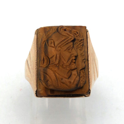 Vintage Men's 10K Yellow Gold Carved Intaglio Tiger's Eye Roman Textured Ring