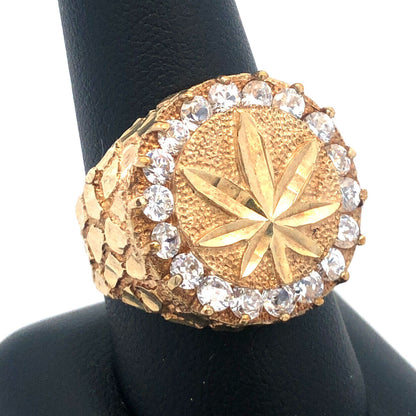 10K Yellow Gold CZ Nugget Weed Leaf Marijuana Cannabis Stoners Unisex Ring