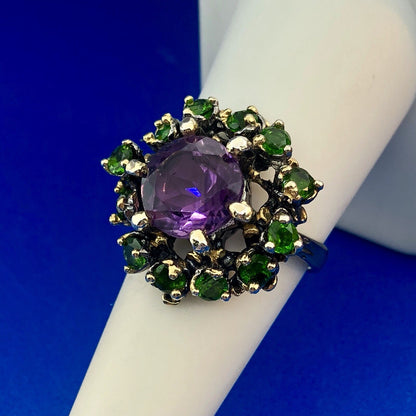Fabulous 925 Sterling Silver Amethyst Solitaire Green Garnet Halo Cluster Ring