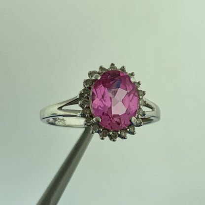 Designer 14K White Gold Oval Pink Sapphire Diamond Halo Custom Engagement Ring