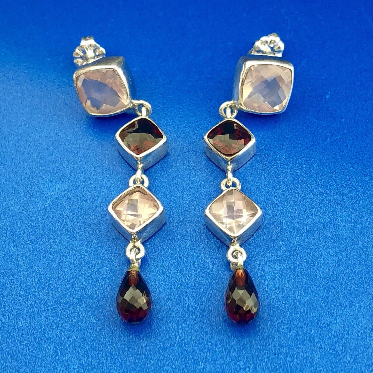 Sterling Silver 925 Garnet Rose Quartz January Drop Dangle Statement Earrings