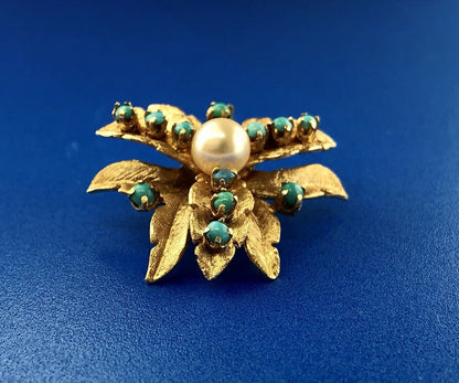 Vintage 14K Yellow Gold Pearl Turquoise Leaf Design Statement Clip Earrings