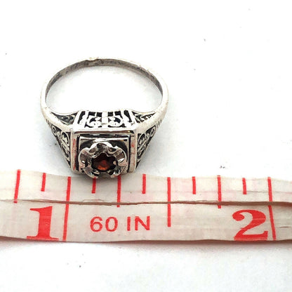 Art Deco 925 Sterling Silver Round Garnet Square Scroll Detail Ring