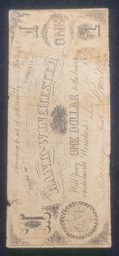 1861 $1 Bank of Winchester, Virginia Rare Obsolete Currency Paper Bank Note