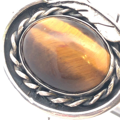 Estate 925 Sterling Silver Cabochon Tigers Eye Feather Design Oval Ring