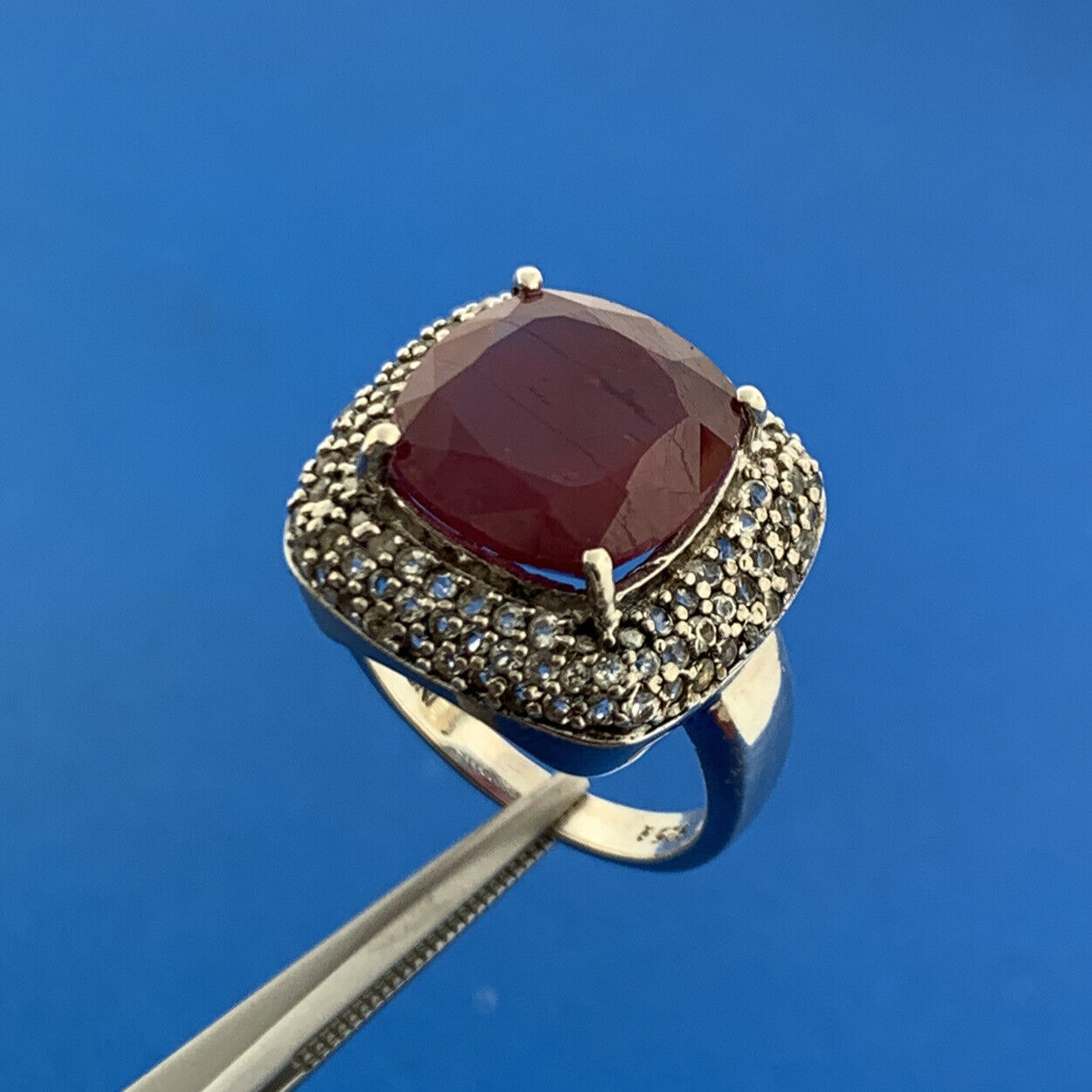 Vintage 925 Sterling Silver Ruby Solitaire Diamond Accented Cocktail Ring