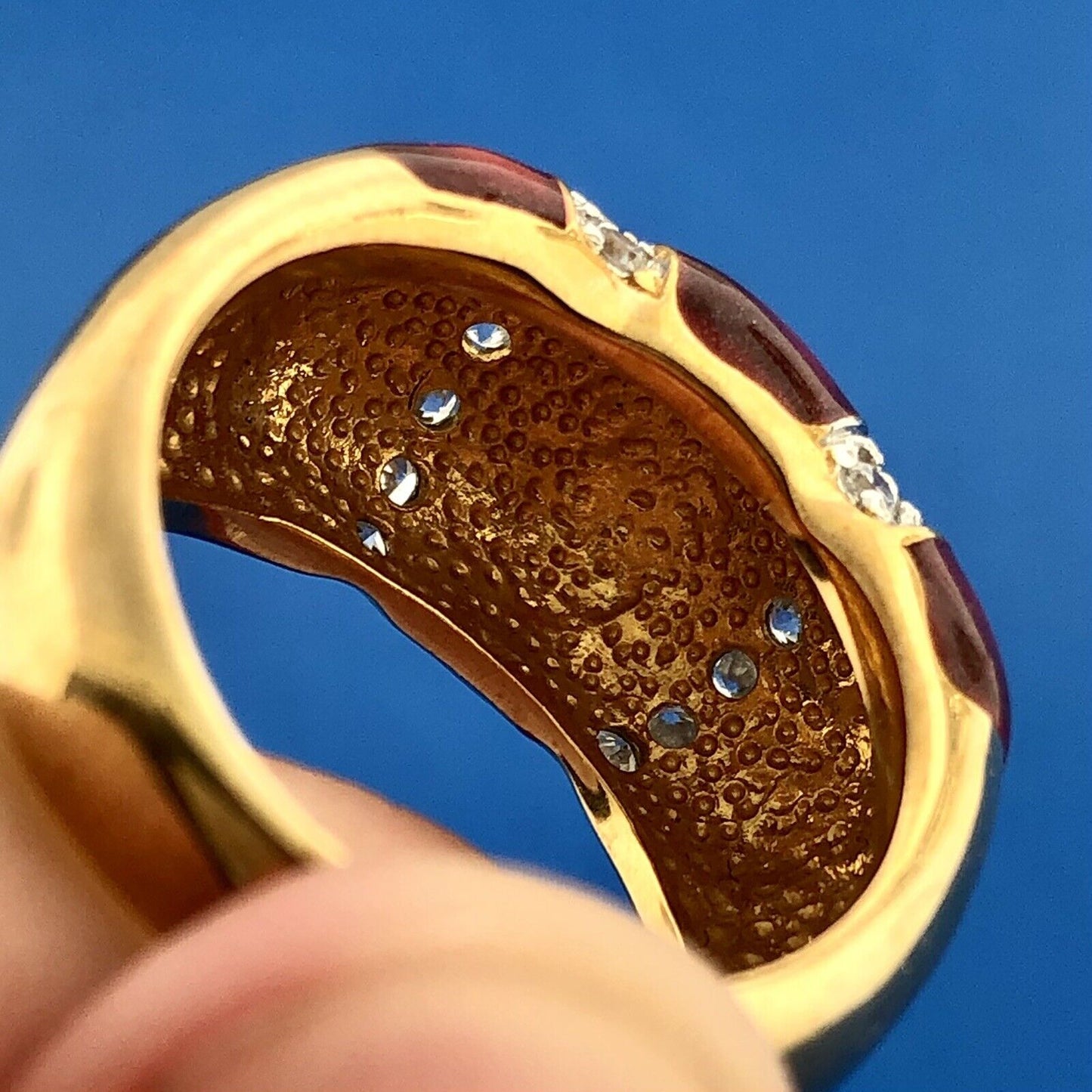 Stunning 925 Sterling Silver Red Enamel Cubic Zirconia Statement Dome Ring