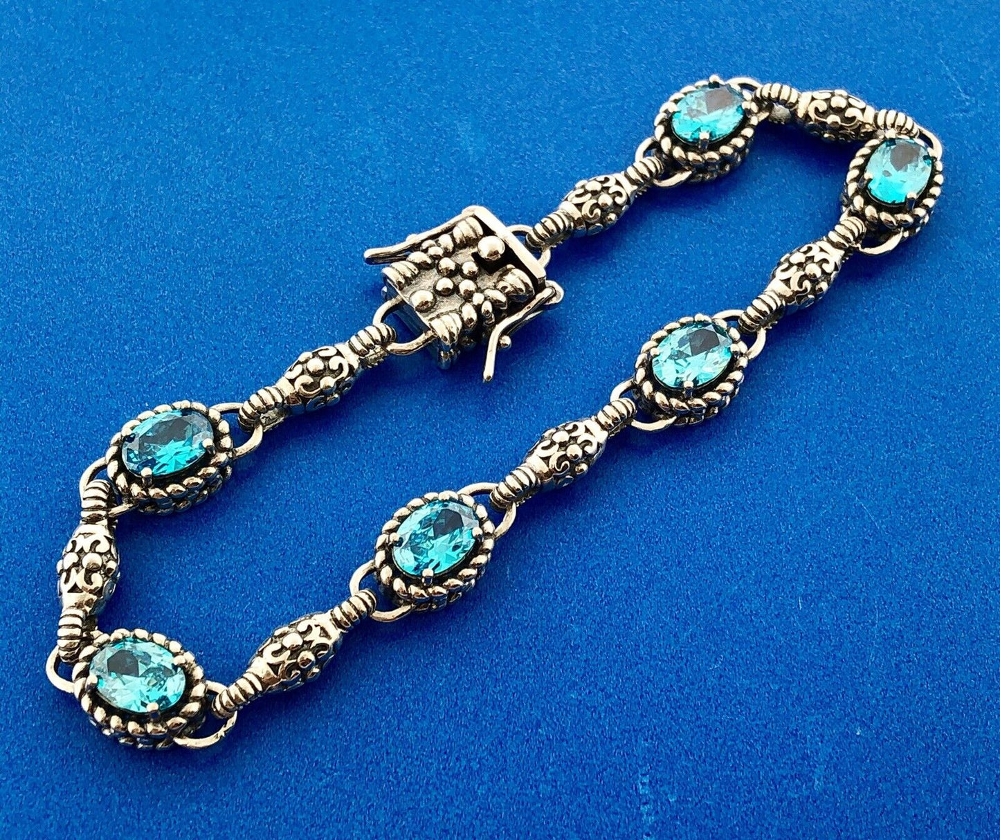 Retro Sterling Silver 925 Oval Aqua Cubic Zirconia CZ Station Tennis Bracelet