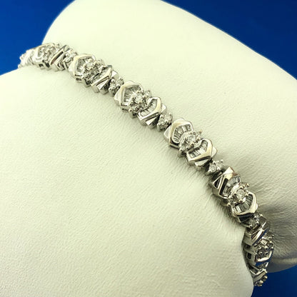 Vintage WGD 14K White Gold Diamond Panel Round Baguette Tennis Bracelet